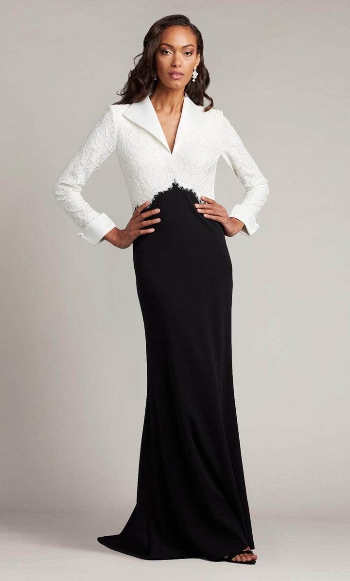 Tadashi Shoji AYV22896L - Long Lace/Crepe Column Dress - Collar, Formal, Long Sleeves, Lace, Fitted Bodice, Two Tone, Full Length, Back Zipper, Sweep Train ADASA Tadashi Shoji AYV22896L - Long Lace/Crepe Column Dress - Collar, Formal, Long Sleeves, Lace, Fitted Bodice, Two Tone, Full Length, Back Zipper, Sweep Train ADASA