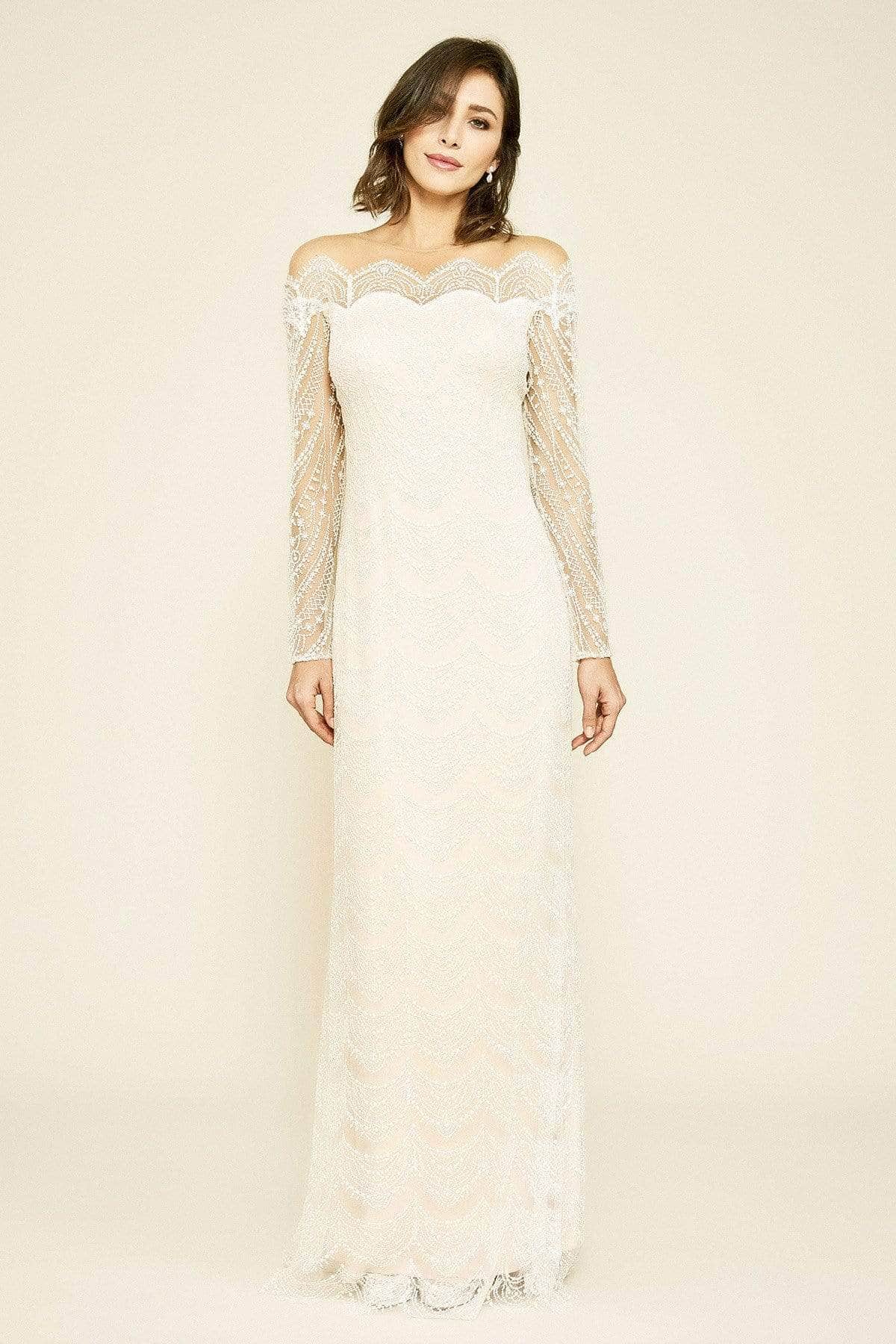 Tadashi Shoji - Beaded Long-Sleeve Long Gown Wedding Dresses 16 / Ivory/Petal