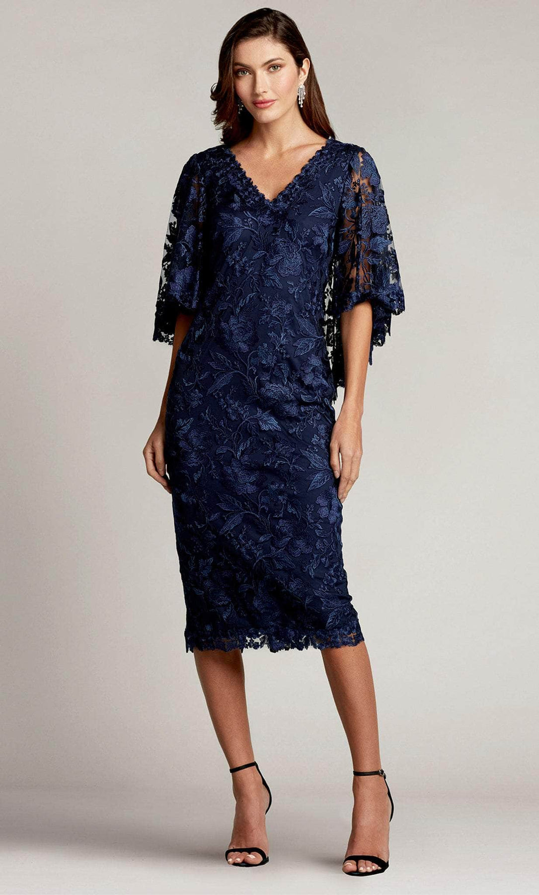 Tadashi Shoji BRX22077MD - Tea Length Tulle Column Dress - Poncho Cape, Embroidery, Floral, Midi Dress, Fitted Bodice, Semi-Formal, V Back, Back Zipper ADASA Tadashi Shoji BRX22077MD - Tea Length Tulle Column Dress - Poncho Cape, Embroidery, Floral, Midi Dress, Fitted Bodice, Semi-Formal, V Back, Back Zipper ADASA