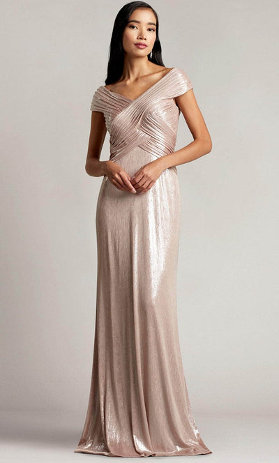 Tadashi Shoji BSJ21201L - Pleated Shiny Metallic Formal Dress Evening Dresses 00 / Antique Pink