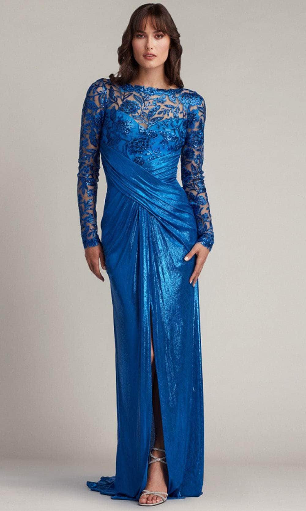 Tadashi Shoji CDL22865L - Front Slit Long Sleeve Evening Dress Moher of the Bride Dresses 0 / Pacifoc Blue