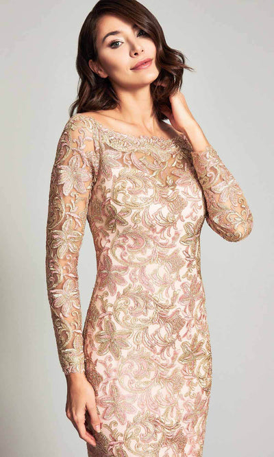 Tadashi Shoji - BOQ18653MXSC Long Sleeve Fitted Embroidered Dress In Gold and Neutral