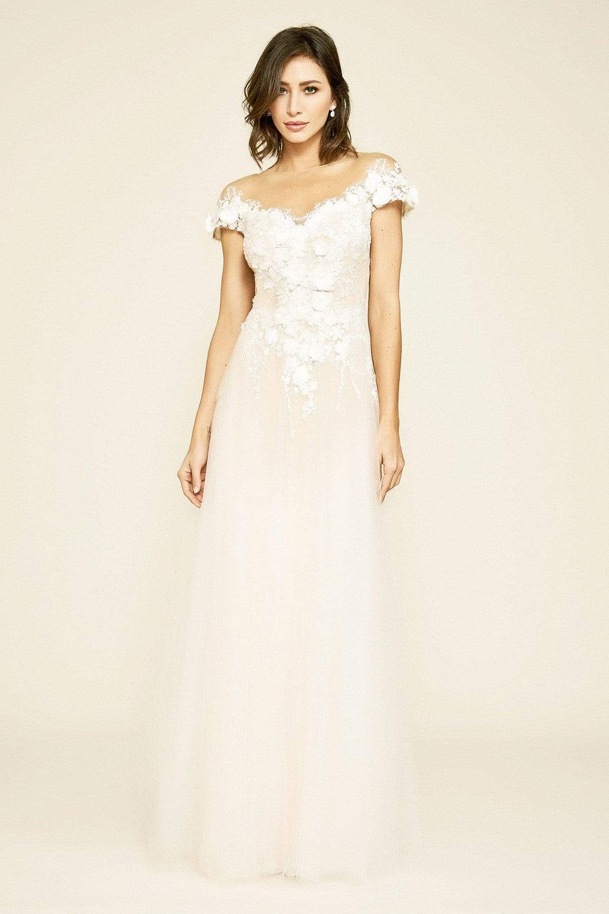 Tadashi Shoji - Duchess Floral Applique Gown Wedding Dresses 0 / Ivory/Petal
