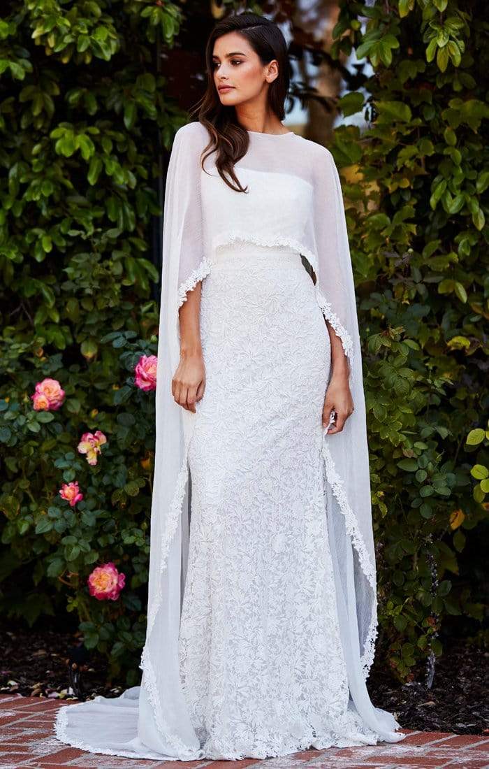 Tadashi Shoji - Embroidered Dress With Sheer Cape Overlay Tadashi Shoji - Embroidered Dress With Sheer Cape Overlay