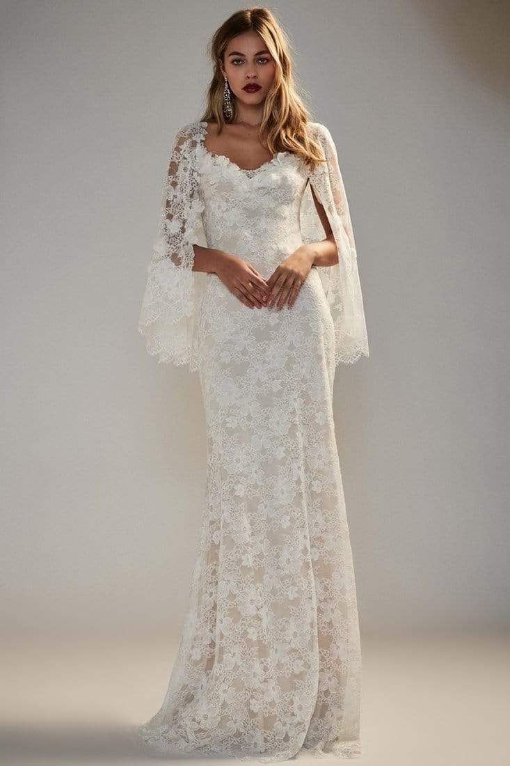 Tadashi Shoji - Floral Lace Cape Bridal Dress Wedding Dresses 0 / Ivory/Petal