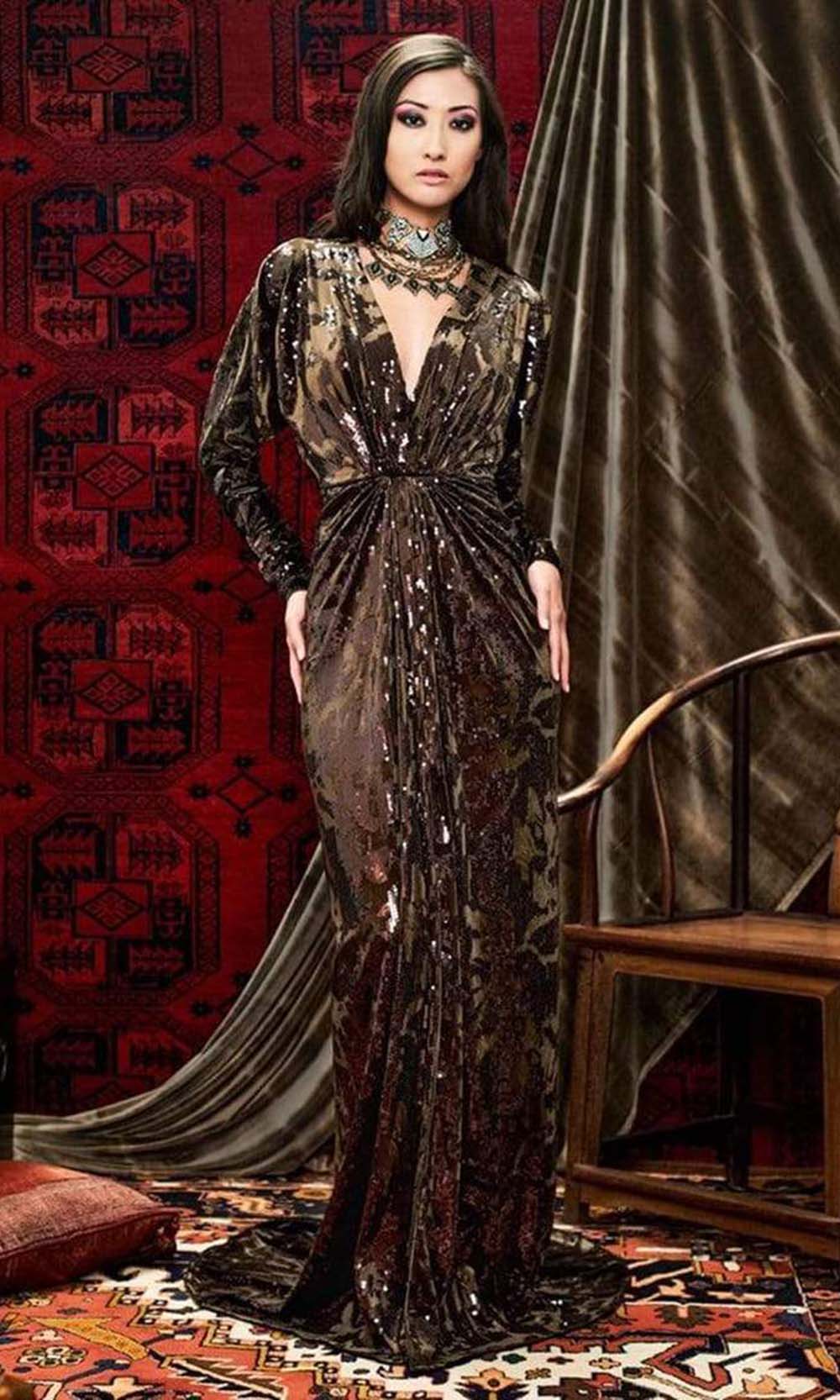 Tadashi Shoji - BSE18487LSC Robe Style Velvet Luxurious Dress In Brown