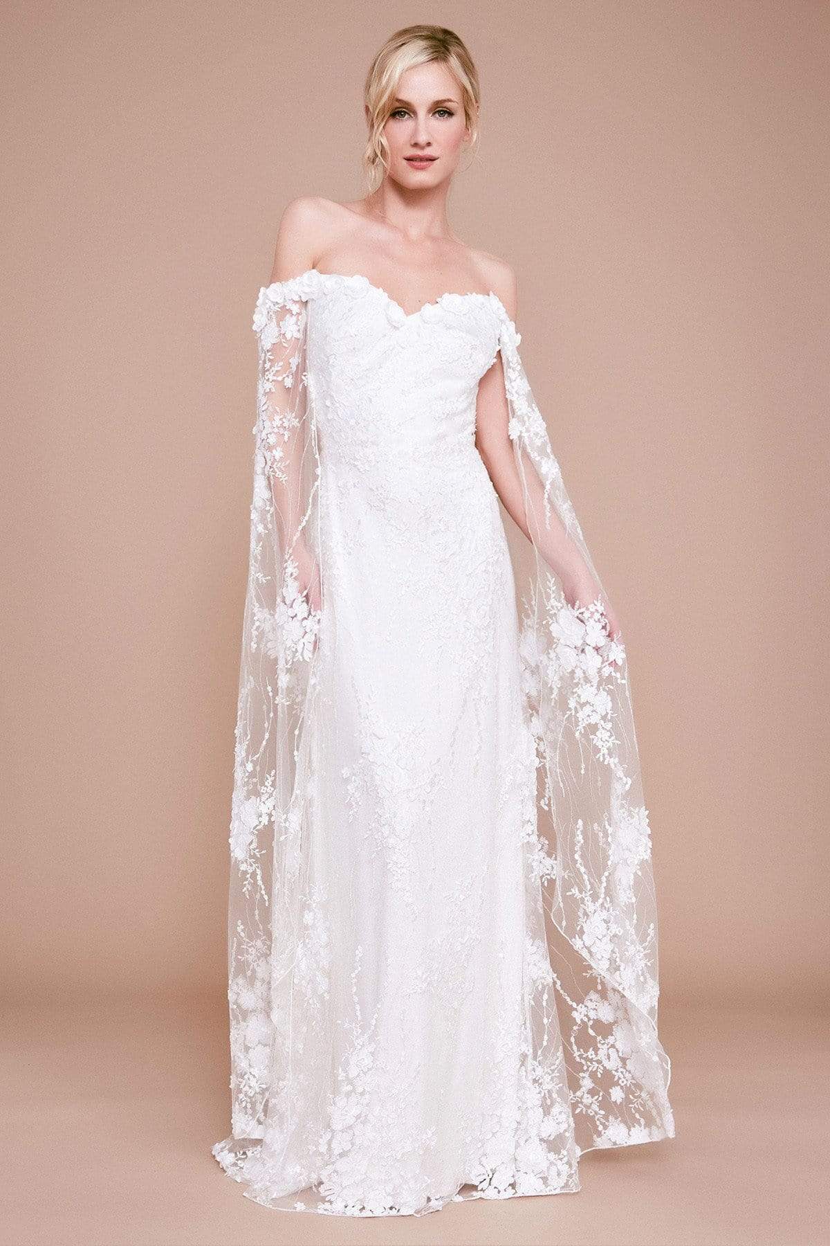 Tadashi Shoji - Haxton Floral Applique Cape Gown Wedding Dresses 0 / Ivory