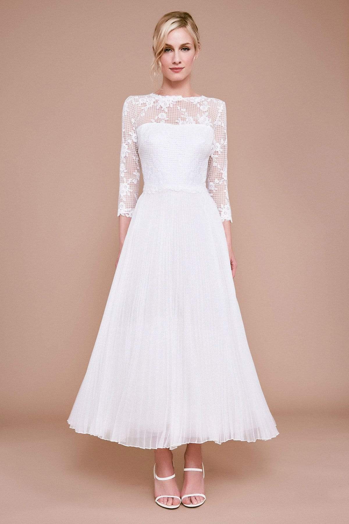 Tadashi Shoji - Keats Lace Tulle Tea-Length Dress Wedding Dresses 0 / Ivory