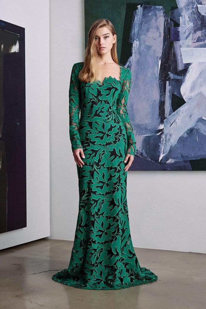Tadashi Shoji - Long Sleeve Foliage Motif Illusion Gown Special Occasion Dress 0 / Moss/Black