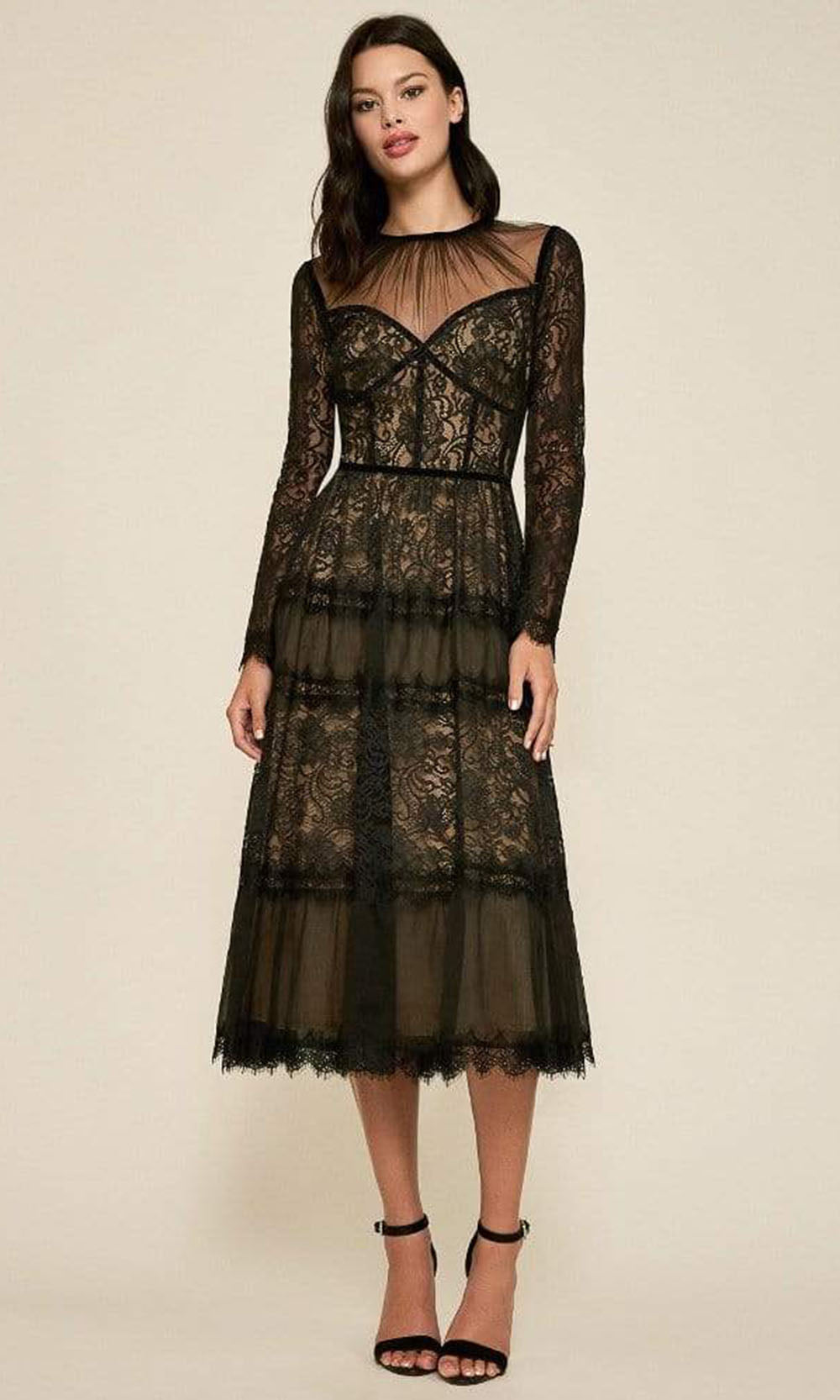 Tadashi Shoji - BFY18619MDXSC Lace Long Sleeve Scallop Tea Length Dress In Black