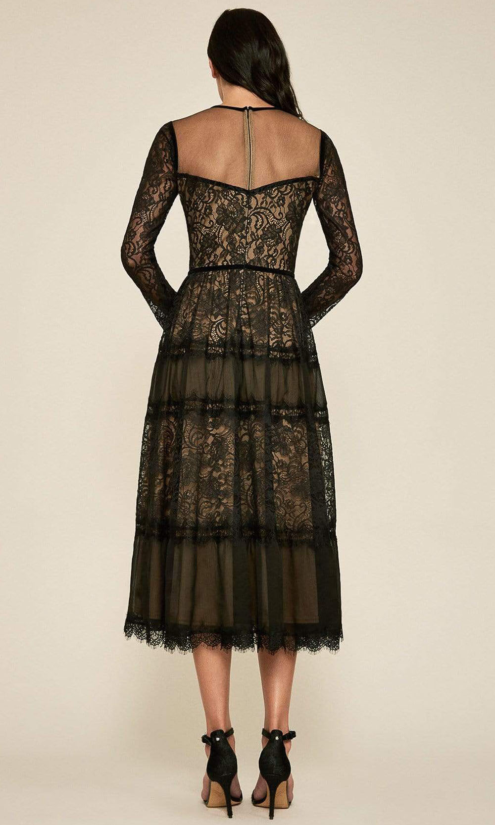 Tadashi Shoji - BFY18619MDXSC Lace Long Sleeve Scallop Tea Length Dress In Black