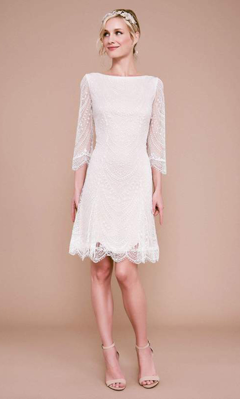 Tadashi Shoji - BKV19774SBRSC Bateau Neck Embroidered Lace Dress In White
