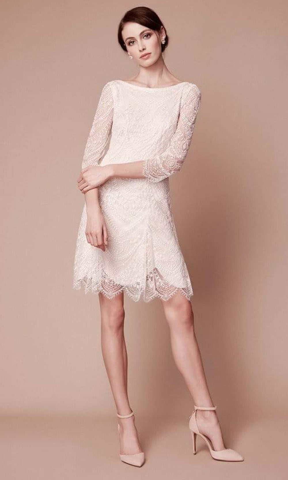 Tadashi Shoji - BKV19774SBRSC Bateau Neck Embroidered Lace Dress In White