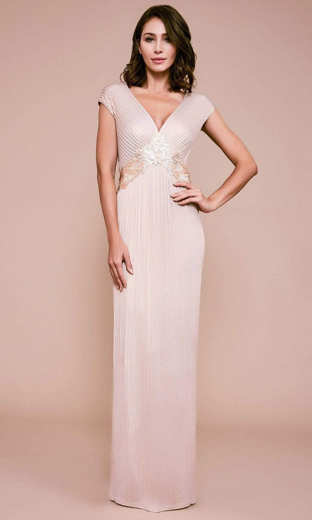 Tadashi Shoji - VG19292LSC Plunging V-Neck Pleated Jersey Long Gown In Champagne