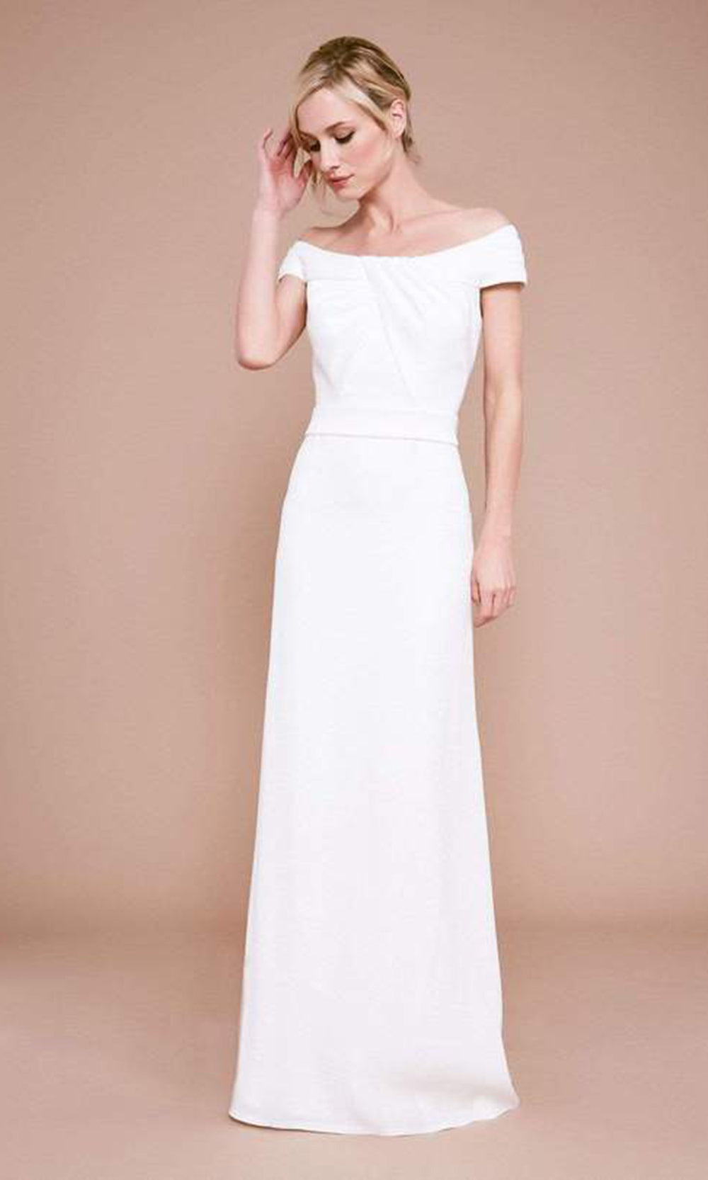 Tadashi Shoji - Off Shoulder Knot Ornat Crepe Gown In White