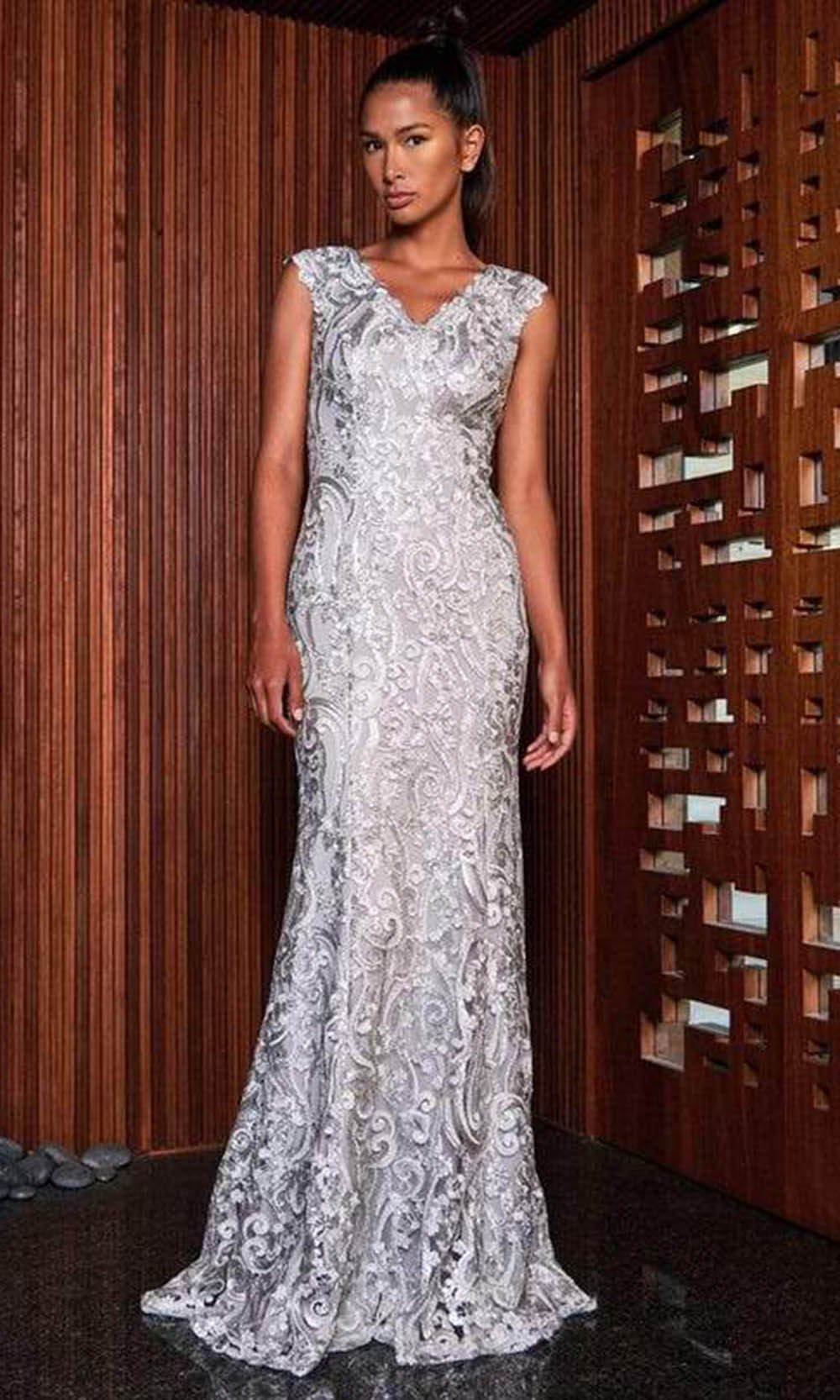 Tadashi Shoji - Lace Embroidered V-Neck Fitted Sheath Gown BPP1345LXSC In Silver
