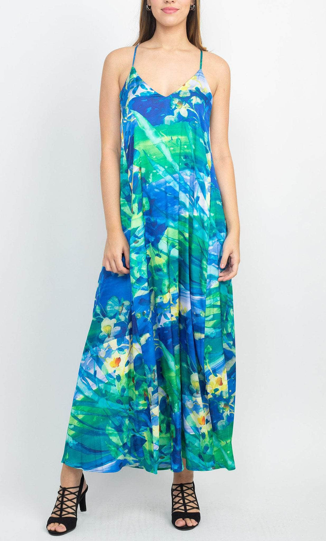 Tahari ASL 2AM095 - Long Charmeuse A-Line Dress - Sleeveless, Spaghetti Straps, Loose Bodice, Printed Fabric, Full Length ADASA Tahari ASL 2AM095 - Long Charmeuse A-Line Dress - Sleeveless, Spaghetti Straps, Loose Bodice, Printed Fabric, Full Length ADASA