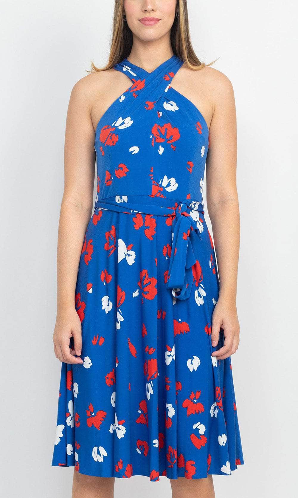 Tahari ASL Crossed Neck Sleeveless Tie Waist Zipper Back Multi Print Jersey Dress BLUE Multi / 8 Tahari ASL Crossed Neck Sleeveless Tie Waist Zipper Back Multi Print Jersey Dress BLUE Multi / 8