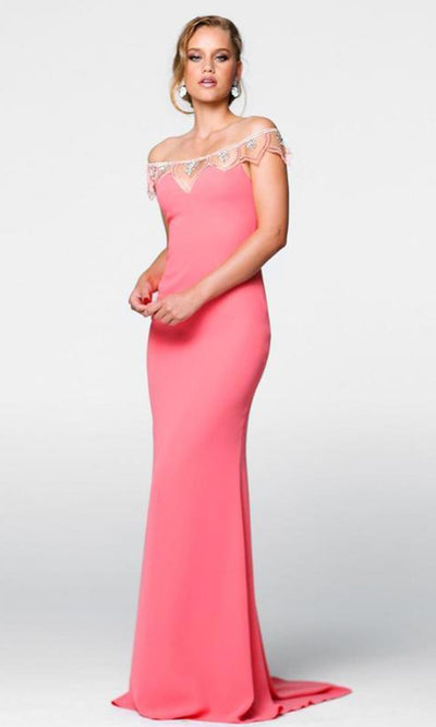 Tarik Ediz - 50057SC Pearl Accented Fitted Alluring Dress In Pink