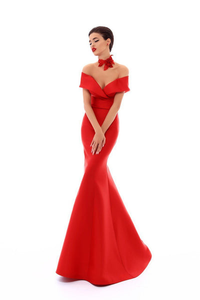 Tarik Ediz - 50218 Rose Choker Off-Shoulder Mermaid Taffeta Gown In Red