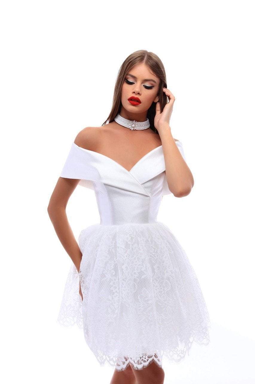 Tarik Ediz - 50226 Taffeta Off-Shoulder Lace A-line Dress Special Occasion Dress 0 / Ivory