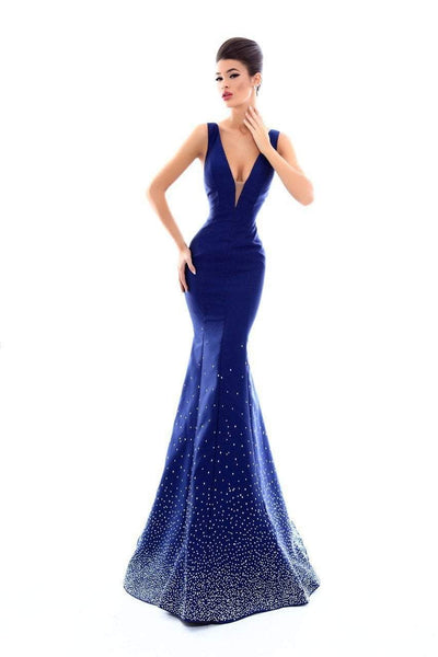 Tarik Ediz - 50229 Crystal Embellished Deep V-neck Mermaid Dress Special Occasion Dress 0 / Navy