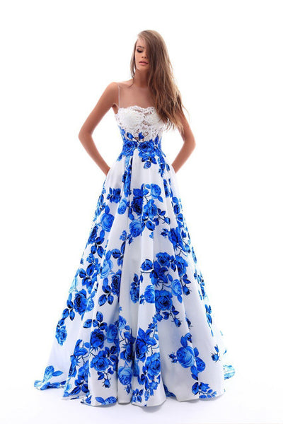 Tarik Ediz - 50231 Lace Illusion Neck Floral Printed Ballgown In Blue and White