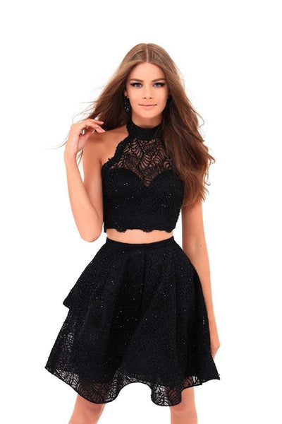 Tarik Ediz - 50248 Two Piece High Halter Beaded Lace A-line Dress Special Occasion Dress 0 / Black