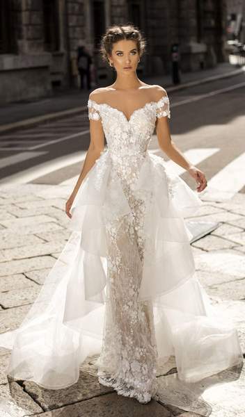 Tarik Ediz -50410 Illusion Off Shoulder Floral Embroidered Fitted Dress With Overskirt  - 1 Pc Ivory in Size 10 Available CCSALE 10 / Ivory