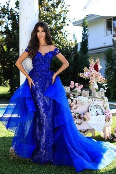 Tarik Ediz -50410 Illusion Off Shoulder Floral Embroidered Fitted Dress With Overskirt  - 1 Pc Ivory in Size 10 Available CCSALE 12 / Royal Blue