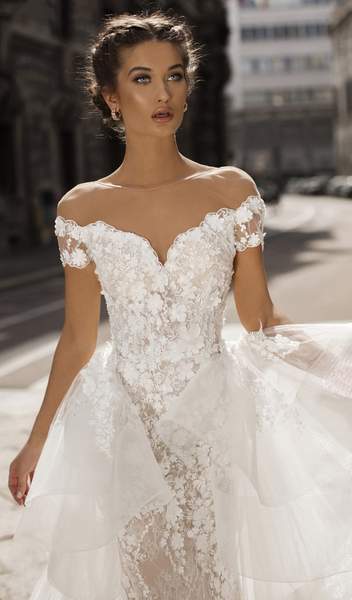 Tarik Ediz -50410 Illusion Off Shoulder Floral Embroidered Fitted Dress With Overskirt  - 1 Pc Ivory in Size 10 Available CCSALE