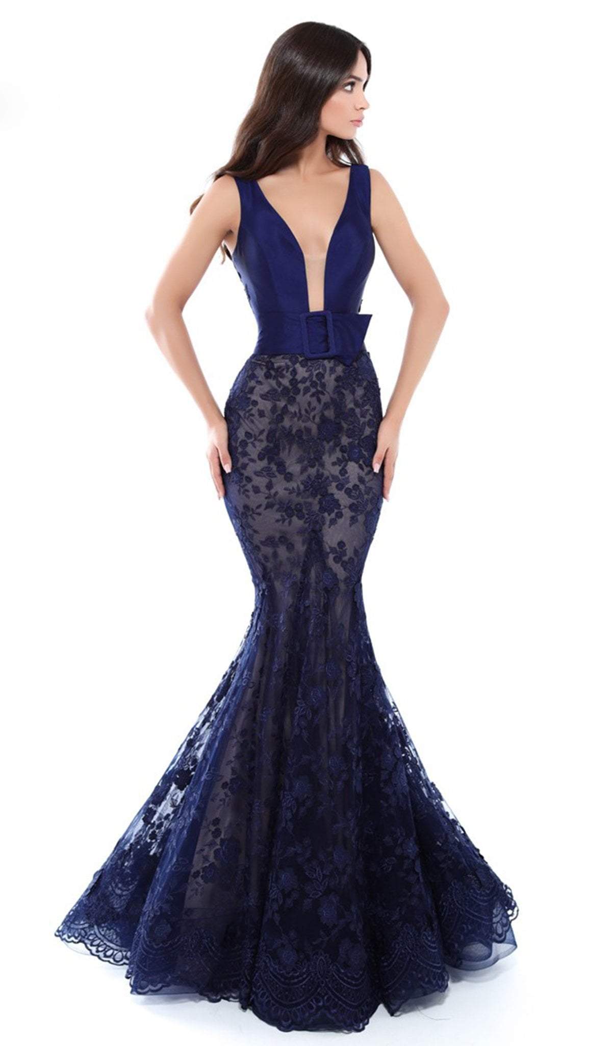 Tarik Ediz - 50427 Lace Deep V-neck Mermaid Dress In Blue