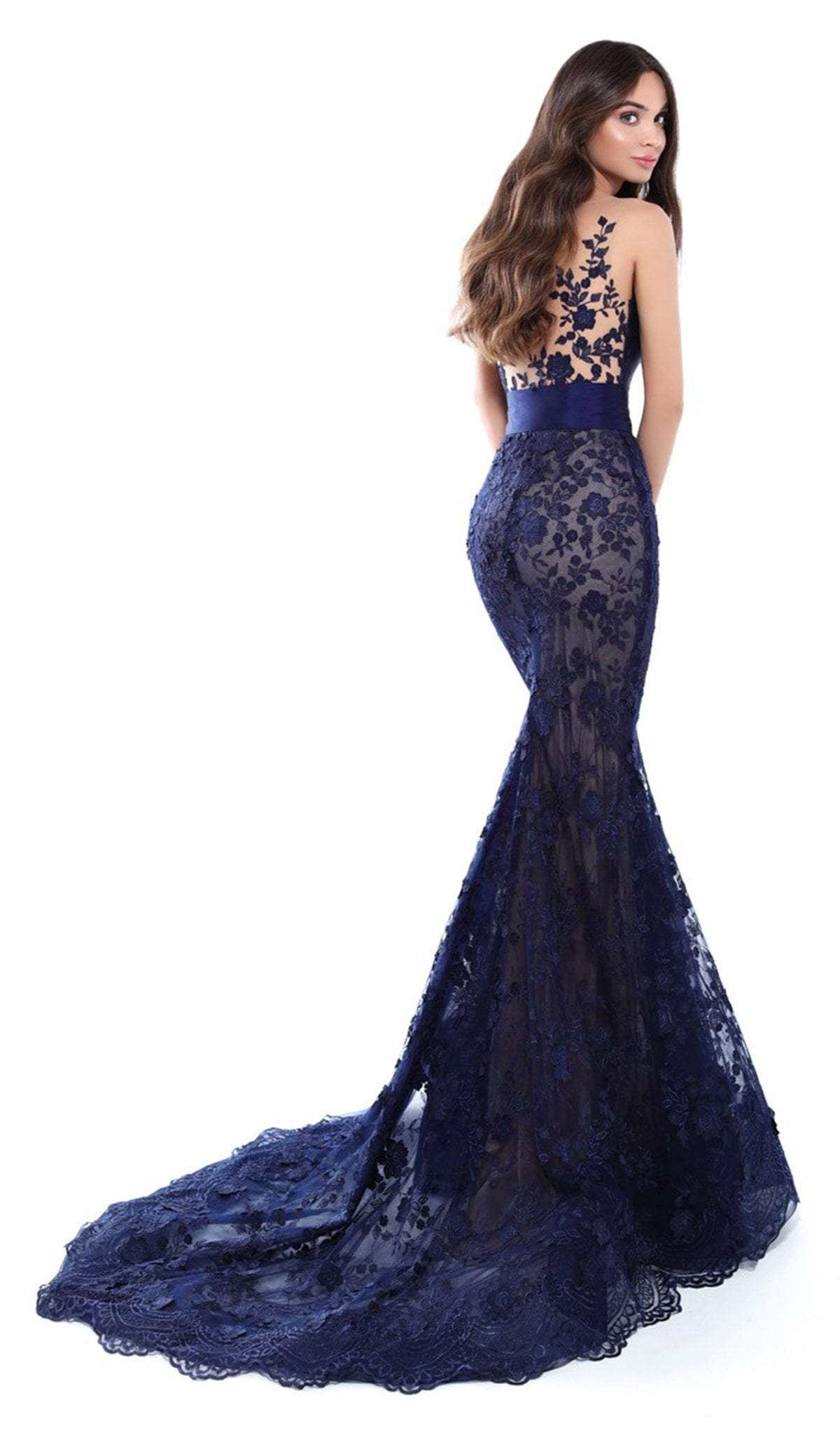 Tarik Ediz - 50427 Lace Deep V-neck Mermaid Dress In Blue