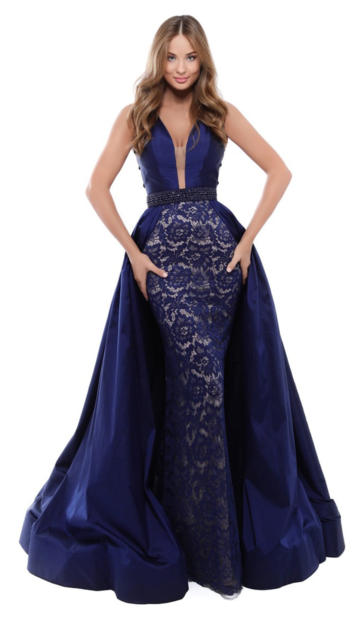 Tarik Ediz - 50430 Embellished Deep V-neck Lace Dress With Overskirt In Blue