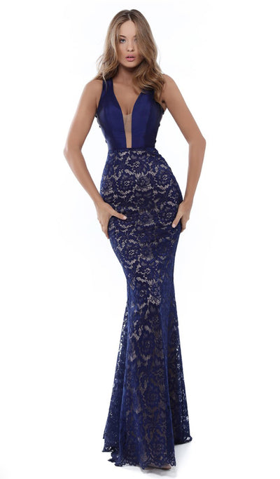 Tarik Ediz - 50430 Embellished Deep V-neck Lace Dress With Overskirt In Blue