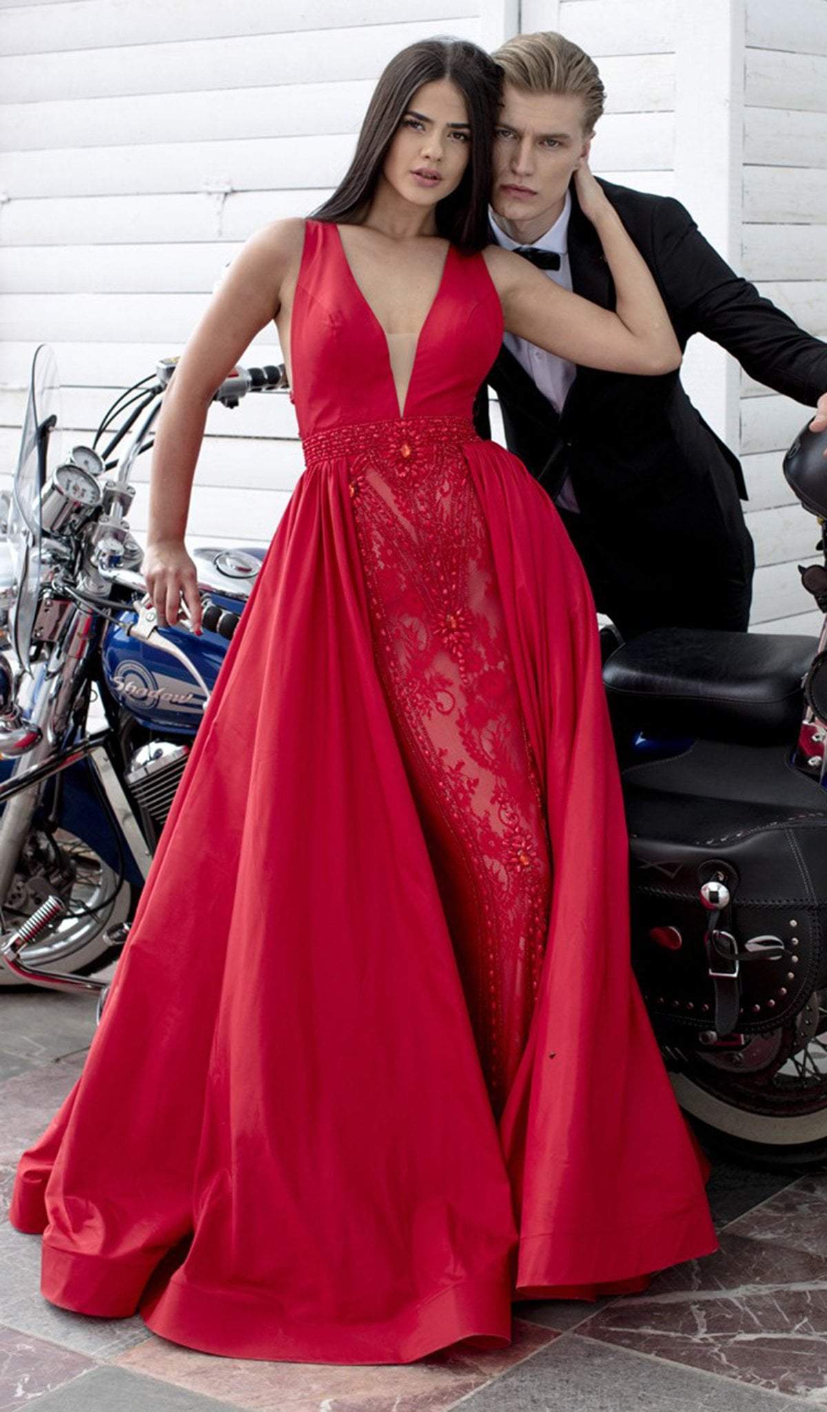 Tarik Ediz - 50431 Embroidered Deep V-neck Dress With Overskirt In Red