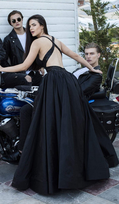 Tarik Ediz - 50434 Deep V-neck Lace Sheath Dress With Overskirt In Black