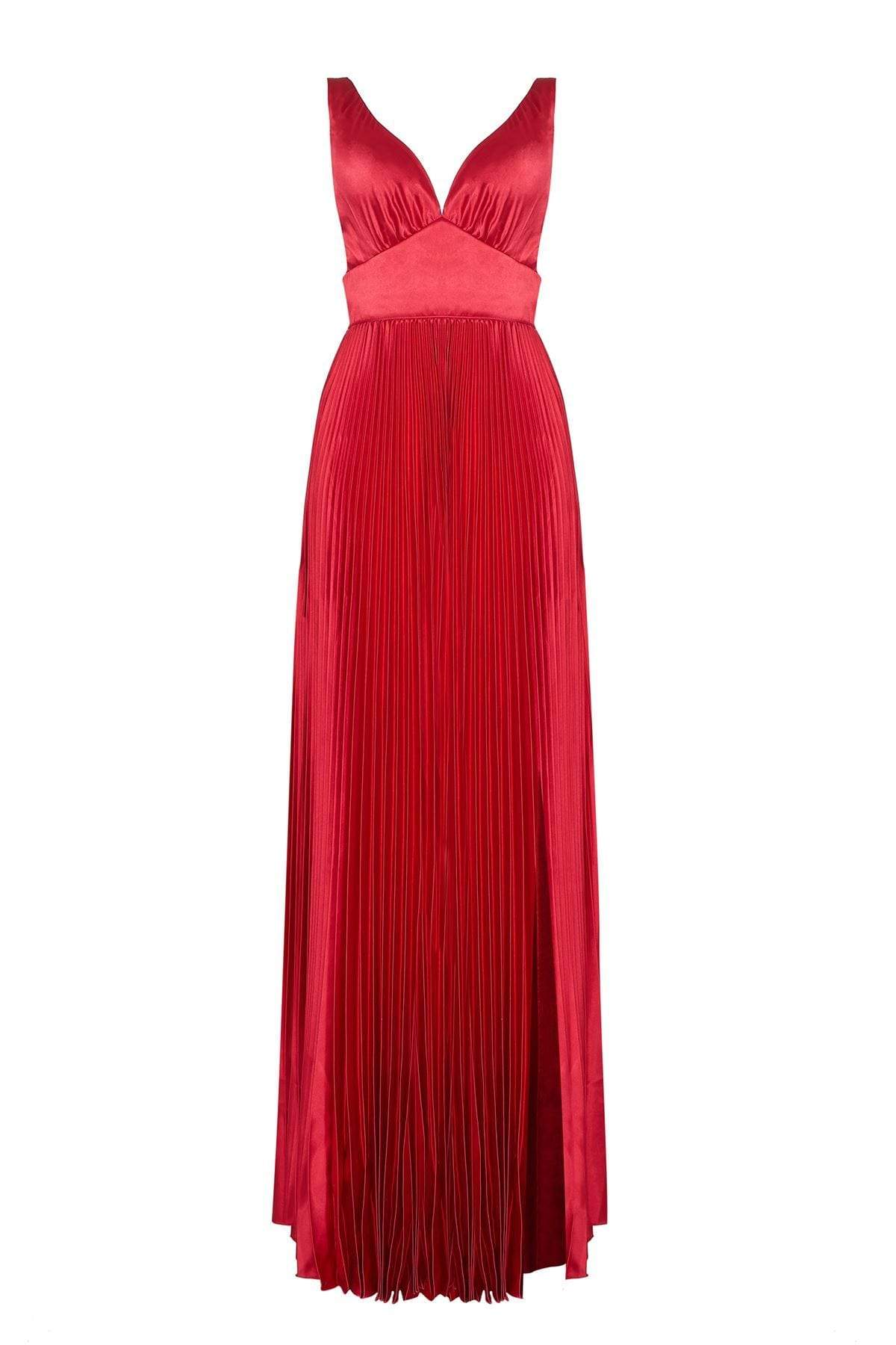 Tarik Ediz - 50443 Plunging V-neck Satin Pleated A-line Dress Evening Dresses 2 / Red