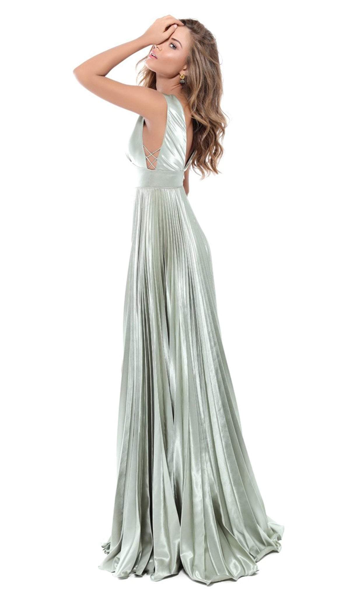 Tarik Ediz - 50443 Plunging V-neck Satin Pleated A-line Dress Evening Dresses