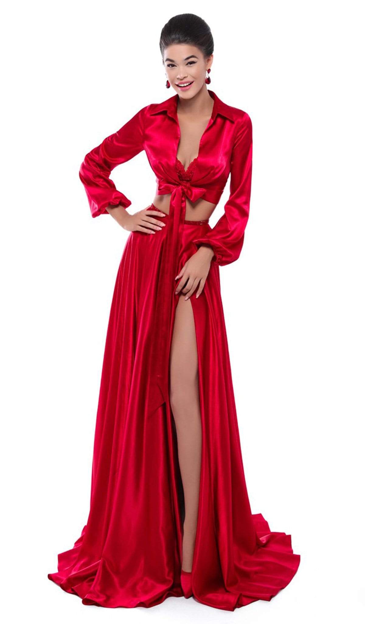 Tarik Ediz - 50476 Two Piece Lace Satin A-line Dress Evening Dresses 2 / Red