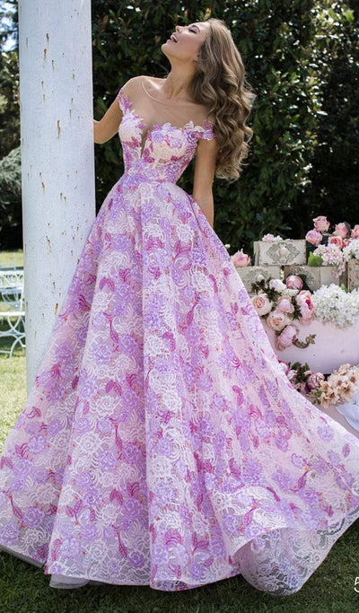 Tarik Ediz - 50491 Floral Lace Illusion Neck Ballgown In Pink