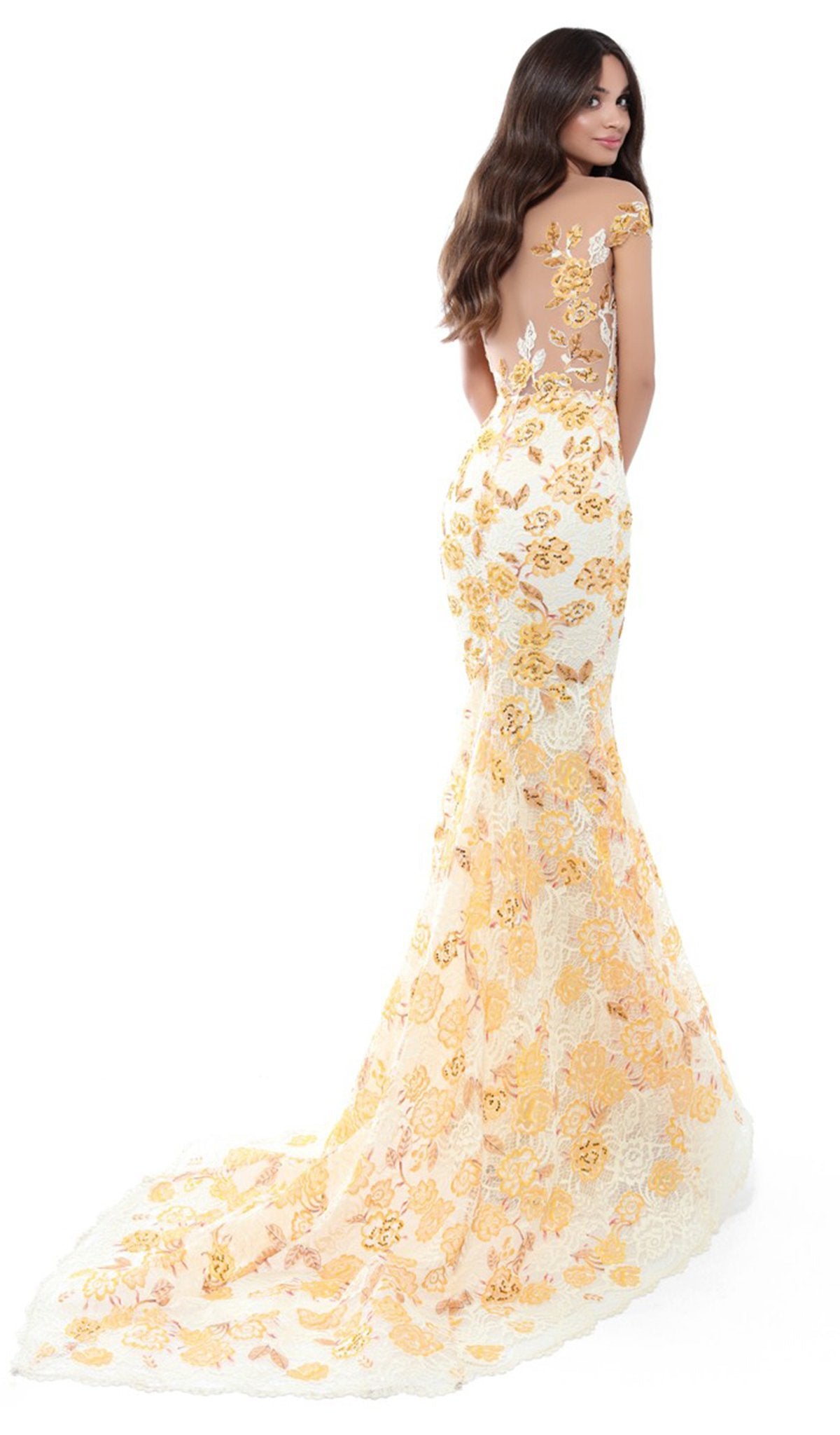 Tarik Ediz - 50493 Floral Lace Cap Sleeve Mermaid Gown With Train In Yellow