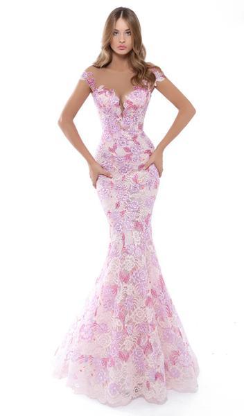 Tarik Ediz - Floral Lace Cap Sleeve Mermaid Gown With Train 50493 In Pink