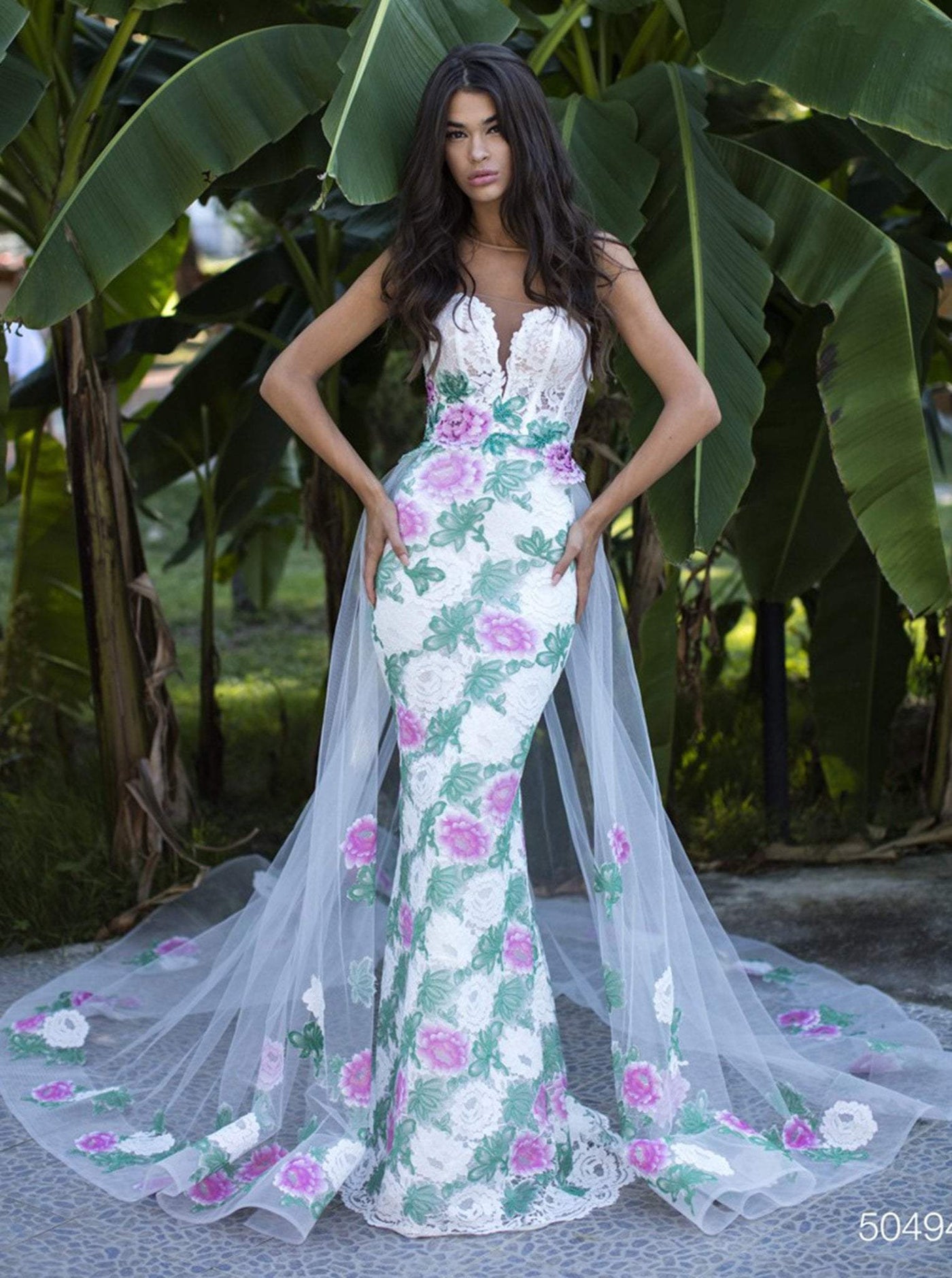 Tarik Ediz - 50494 Floral Patterned Mermaid Dress With Train In Purple