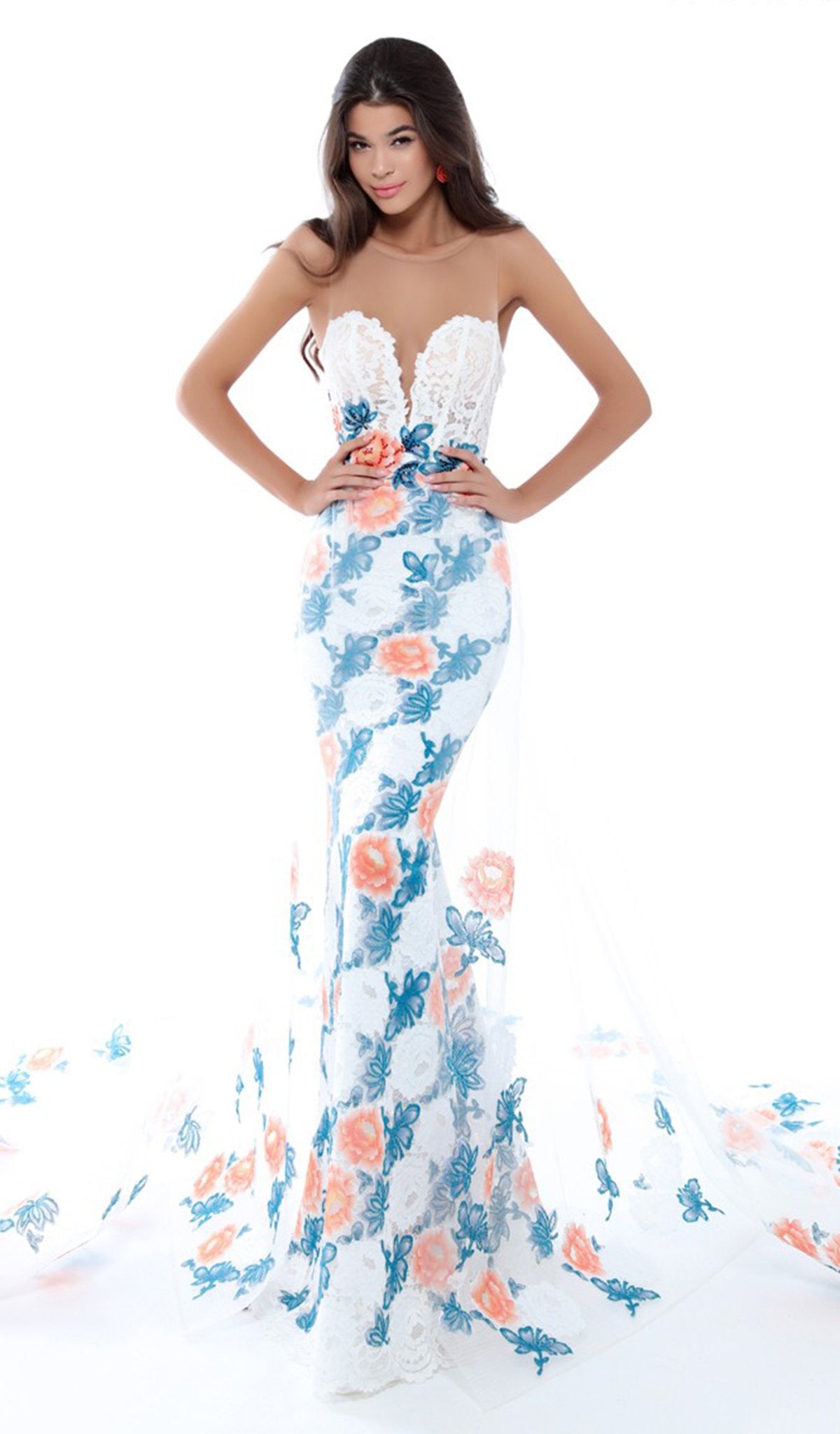 Tarik Ediz - 50494 Floral Patterned Mermaid Dress With Train In Orange