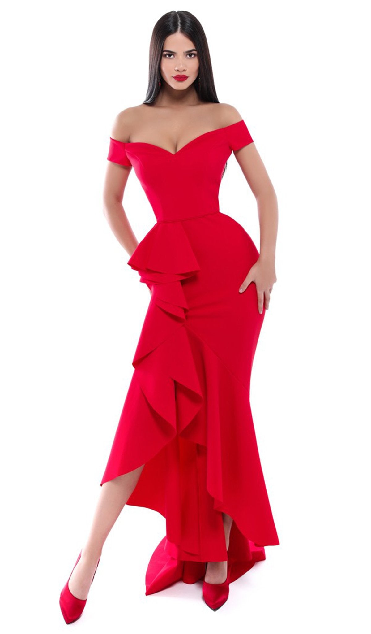 Tarik Ediz - 50495 Off-Shoulder Ruffled Trumpet Evening Gown In Red