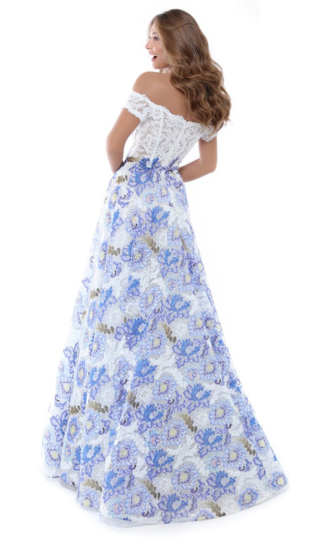 Tarik Ediz - 50496 Floral Lace Plunging Off-Shoulder A-line Dress In Blue