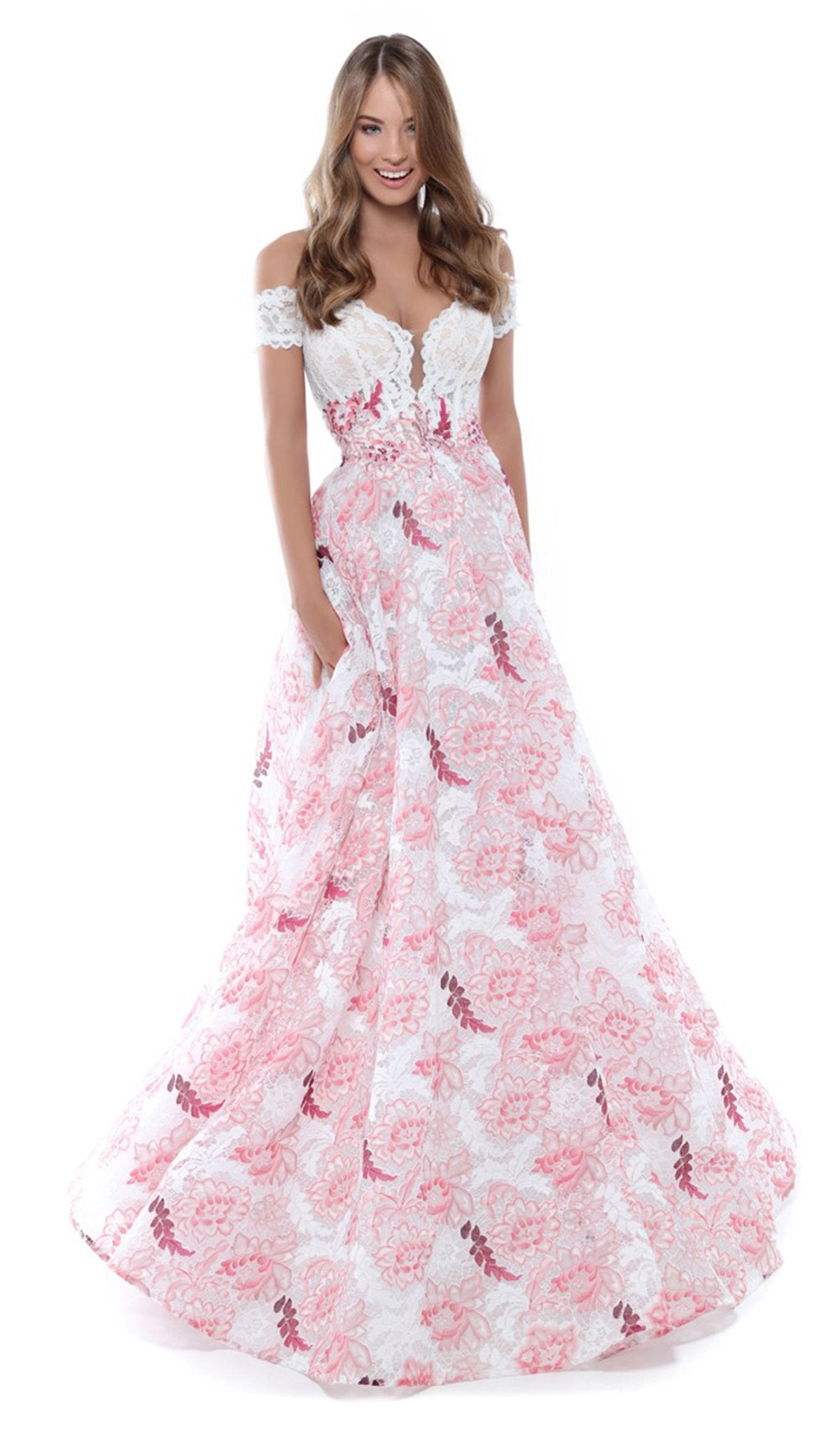 Tarik Ediz - 50496 Floral Lace Plunging Off-Shoulder A-line Dress In Pink
