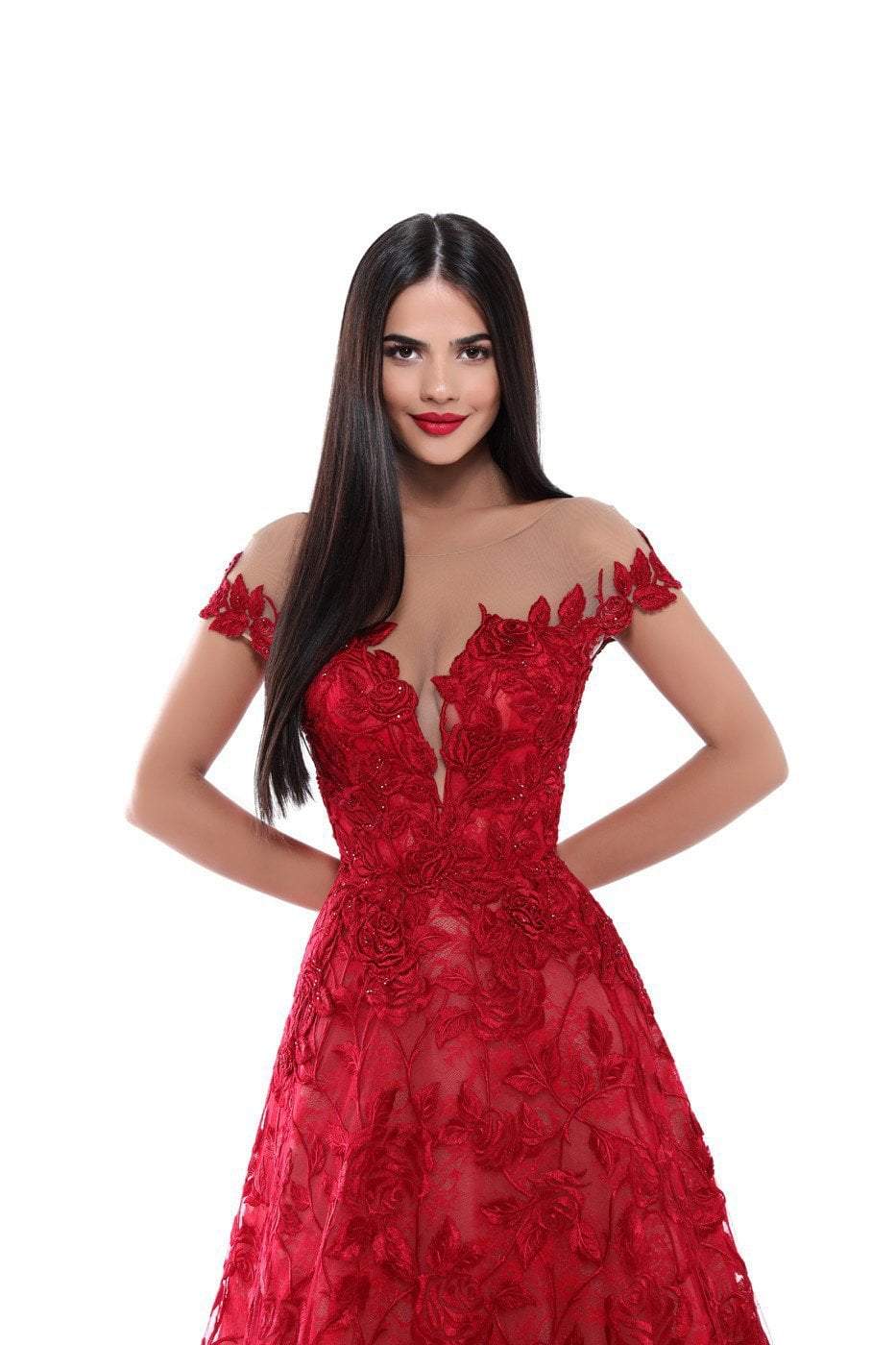 Tarik Ediz - 50500 Floral Lace Appliqued A-Line Prom Gown In Red