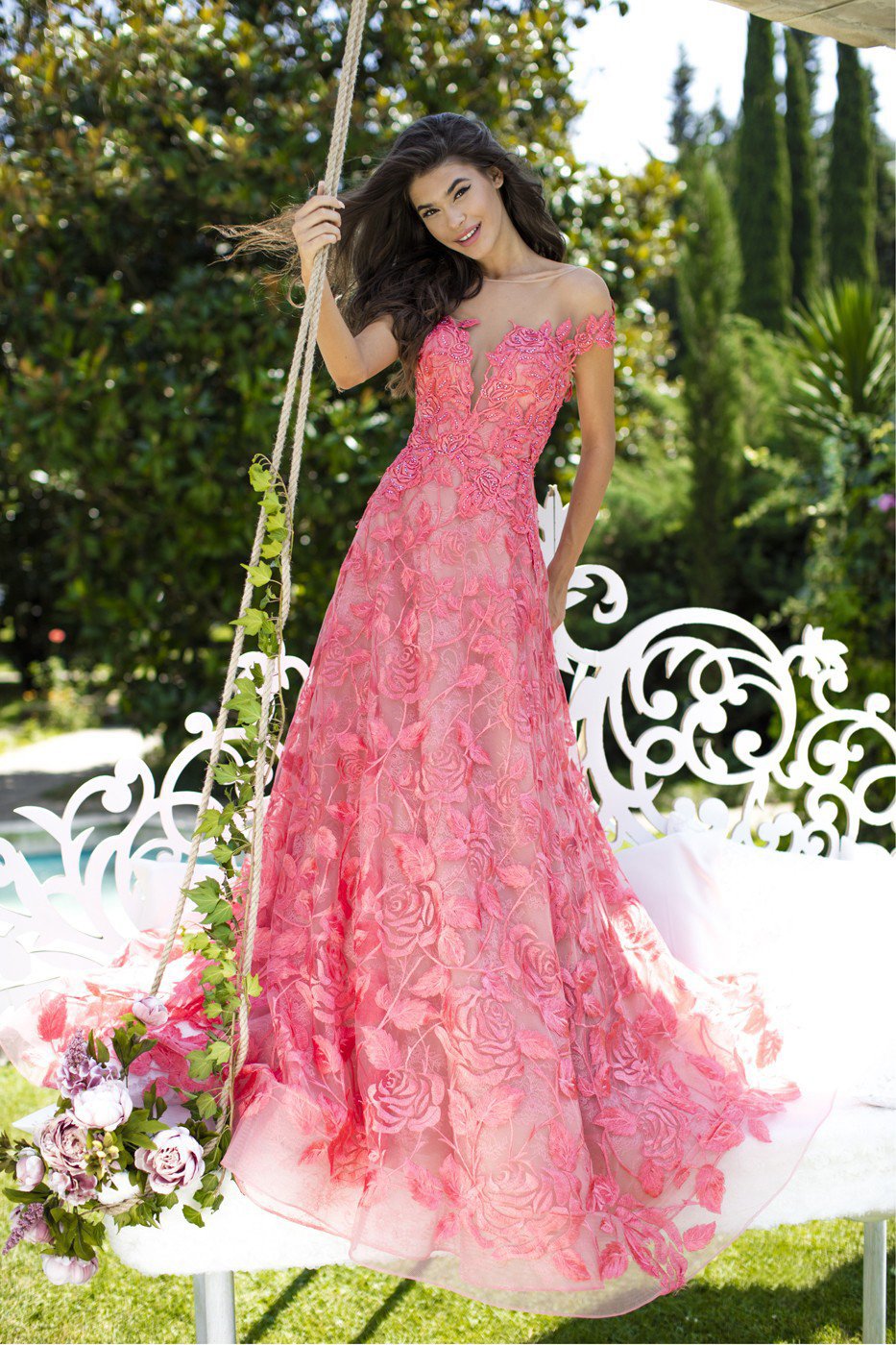 Tarik Ediz - 50500 Floral Lace Appliqued A-Line Prom Gown In Pink